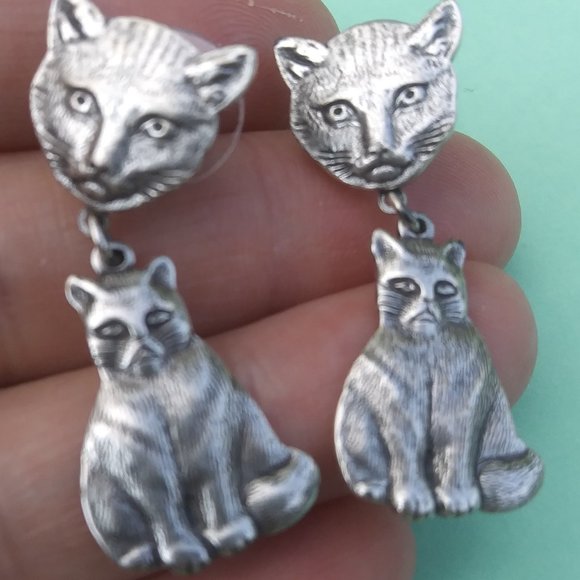 drop dangle cat earrings silver tone metal - Picture 3 of 11
